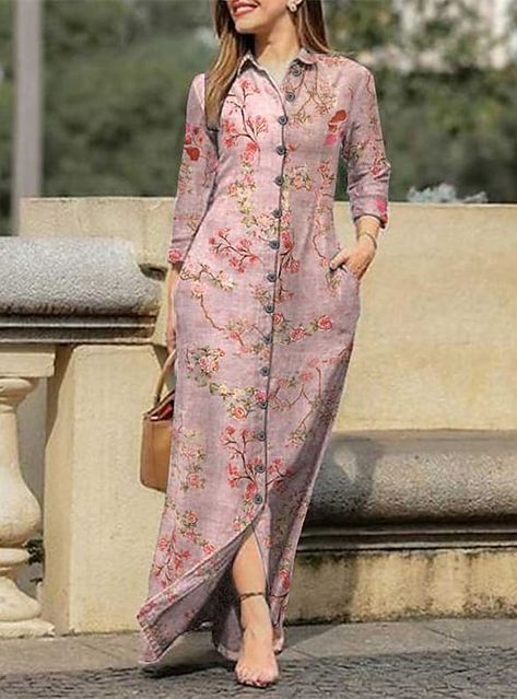 European Casual, Spring Dresses Women, Long Beach Dress, Printed Long Dresses, Long Shirt Dress, Spring Shirts, Button Dress, Loose Dress, Long Sleeve Shirt Dress