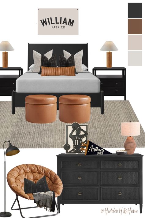 Teen boys sports themed bedroom decor! Masculine boys room decor mood board Boys Bedroom Black Bed, Black Bed Inspiration, Industrial Bedroom Decor Ideas, Teen Boy Bed, Boys Room Mood Board, Boys Bedroom Interior Design, Minimalist Boys Room, Boys Rooms Ideas, Gamer Room Ideas Boy Bedrooms