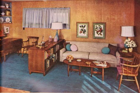 1950 House, 1950s Interior Design, 1950s Living Room, Mid Century Living Room Decor, 1950s Interior, Retro Interior Design, Vintage House Plans, Mid Century Living, Mid Century Living Room