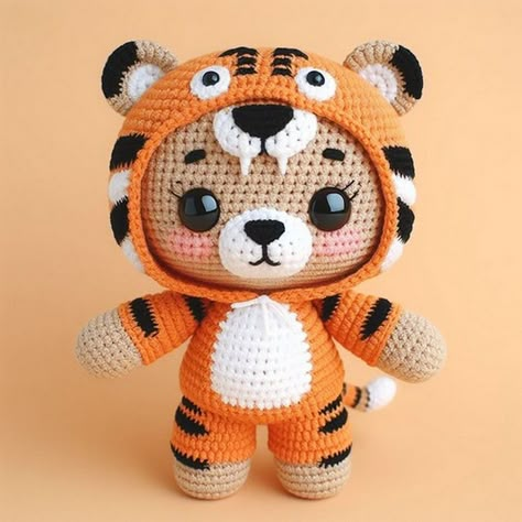 Tiger Outfit, Crochet Bag Pattern Tote, Crochet Tiger, Amigurumi Projects, Baby Cardigan Knitting Pattern Free, Baby Cardigan Knitting Pattern, Tiger Shirt, Pink Yarn, Crochet Doll Pattern