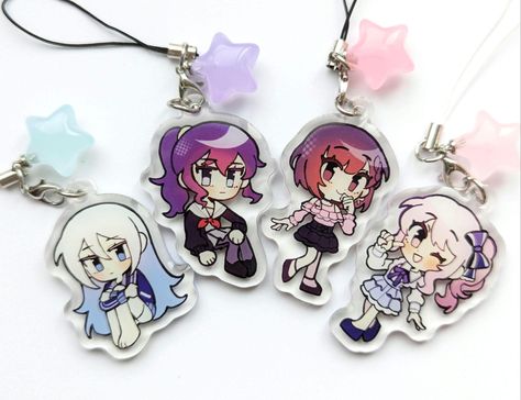 Mini acrylic charms of the Nightcord at 25:00 members from Project Sekai! Come with a star gummy charm for extra cuteness:) ⭐1.75 inches  ⭐single sided epoxy ⭐phone strap cord Project Sekai Keychain, Project Sekai Merch, Project Sekai Mizuki, Chibi Keychain, Nightcord At 25, Kanade Yoisaki, Mizuki Akiyama, Acrylic Phone, Mini Keychain