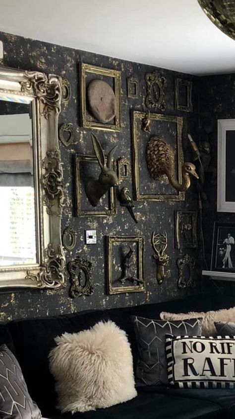 Dark Walls With Wainscoting, Castle Decor Interior, Oddities Gallery Wall, Vintage Wall Display, Dark Eccentric Decor, Fantasy Gallery Wall, Moody Collage Wall, Gothic Accent Wall, Antique Frame Wall