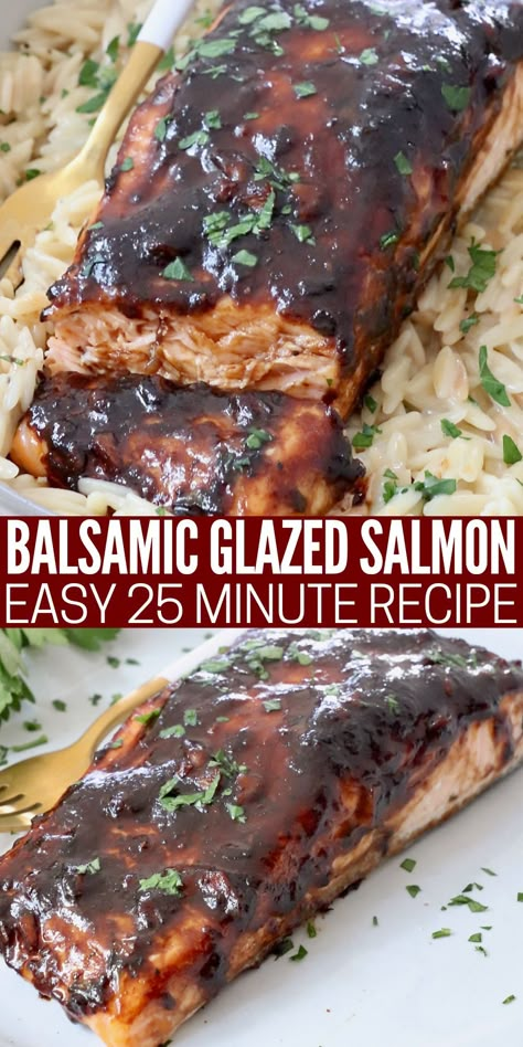 Make the BEST oven roasted Balsamic Glazed Salmon in just 29 minutes with this easy recipe. The delicious glaze has both sweet and savory flavors, and after it's baked on top of the salmon, it creates the most mouthwatering salmon recipe ever! Salmon Recipes Balsamic Glaze, Easy Balsamic Glaze, Easy Salmon Glaze, Roast Salmon Oven, Oven Salmon Easy, Oven Roasted Salmon Recipes, Roasted Salmon Oven, Cooking Salmon In Oven, Baked Salmon Recipes Oven Easy