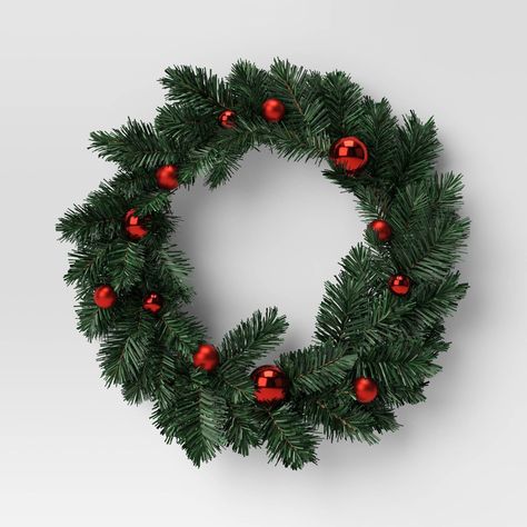 20" Pine Bough with Red Ornaments Artificial Christmas Wreath Green - Wondershop™ | Target Christmas Bush, Pine Boughs, Artificial Christmas Wreaths, Red Ornaments, Artificial Wreath, Christmas Things, Fireplace Mantel, Circle Shape, Green And Red