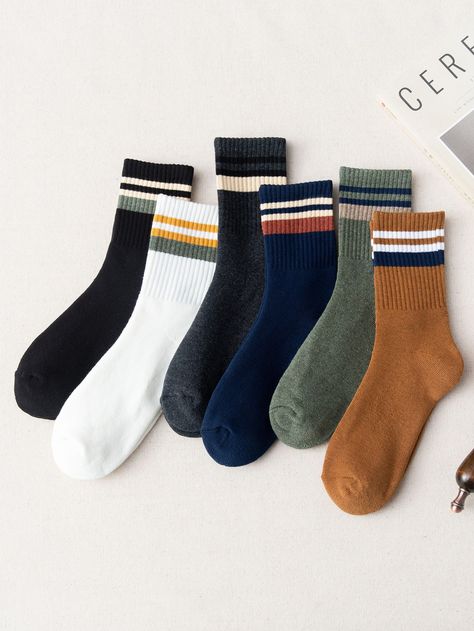 Multicolor    Cotton Striped Crew Socks    Men Socks Socks Aesthetic Men, Men’s Socks, Cheap Cotton Socks For Streetwear, Men's Affordable Classic Socks, Pjo Oc, Aesthetic Socks, Cheap Fun Socks For Men, Mens Striped Socks, Wardrobe Revamp