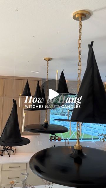 Sabrina Tan Langlois on Instagram: "🪄✨ easiest way to hang witches hats & candles from your ceiling without damaging your wall: just make sure to follow directions for command hooks and it’s easy-peasy! 𝐂𝐨𝐦𝐦𝐞𝐧𝐭 “𝐥𝐢𝐧𝐤𝐬“ 𝐭𝐨 𝐬𝐡𝐨𝐩 // https://liketk.it/4ldGt #halloweendecor #harryporter #howto #falldecor" How To Hang Witches Hats From Ceiling, Witch Hats Hanging From Ceiling, Floating Witch Hats, Floating Witch, Floating Candles Halloween, Witches Hats, Hanging Witch, Witch Candles, Witch Hats