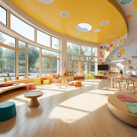 "Step into the inviting interior of a preschool bathed in natural light from expansive straight windows, creating a warm and bright learning environment." School Interior Design Classroom, Preschool Interior Design, Elementary School Design, School Interior, Kids Club, Makkah, Learning Environments, Soft Surroundings, Large Windows