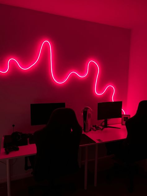 A gaming room, with setup for playstation 5 and PC, with RGB NEON LED LIGHT STRIPS, sound response. Couples gaming corner, couples gaming room. Guys Room Aesthetic Led Lights, Neon Light Wall Design, Led Light Art Bedroom, Rope Lights Bedroom, Black Lights Bedroom, Led Strip Lighting Ideas, Led Lights Bedroom Aesthetic, Led Lights Bedroom, Diy Neon Sign