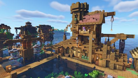 Pirate Town Minecraft, Pirate Dock, Minecraft Harbor Ideas, Minecraft Pirate Cove Ideas, Minecraft Docks, Pirate Themed Minecraft Builds, Pirate Minecraft Builds, Minecraft Harbor, Minecraft Pirate Builds