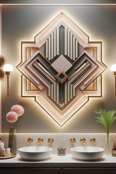 Add a touch of 1920s glamour with art deco-inspired geometric wall lights. Vintage charm meets modern functionality. #ArtDecoLighting #GeometricSconces Art Deco Hotel Room, Art Deco Neon, 1920s Glamour, Bathroom Details, Art Deco Hotel, Glow Art, Art Deco Inspiration, Art Deco Bathroom, Deco Bathroom