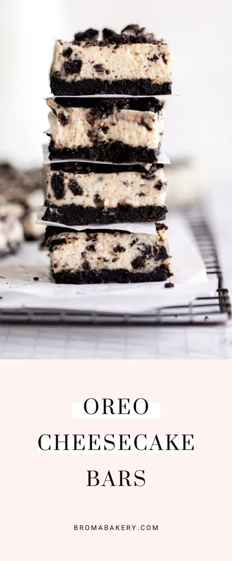 This is for all the Oreo fiends out there! These easy Oreo cheesecake bars are LOADED with Oreo cookie pieces and sit atop the most delicious Oreo cookie crust. Plus they’re made with just 7 simple ingredients and are super easy to make! #oreo #oreodesserts #oreocheesecake #cheesecakebars #dessertideas #easydessertrecipes Easy Oreo Cheesecake, Oreo Cookie Bar, Oreo Cheesecake Bars, Oreo Cheesecake Cookies, Oreo Cheesecake Recipes, Pastries Recipes, Oreo Dessert Recipes, Broma Bakery, Dinner Pasta