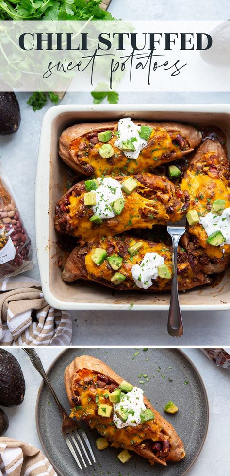 Chili Loaded Baked Potato, Loaded Chili Baked Potato, Ways To Eat Chili, Chili Stuffed Sweet Potato, Stuffed Sweet Potato Recipes, Sweet Potato Boats, Chili Baked Potato, Potato Ideas, Cheesy Chili