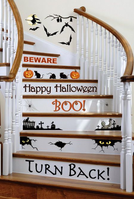 22 Great Stairs Decorating Ideas I could see painting these of false 1/4" boards and putting up at Halloween on the outside steps to the house. Elegant Halloween Decor, Stair Decals, Hallowen Ideas, Diy Halloween Decor, Elegant Halloween, Halloween Dinner, Decoration Halloween, Theme Halloween, Halloween Deco