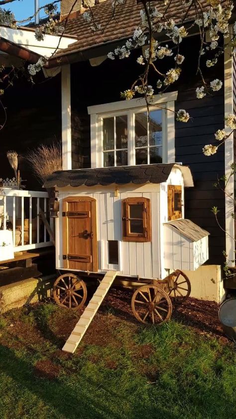 Repurposed Into Chicken Coop, Unusual Chicken Coop, Tree House Chicken Coop, Chicken Town Ideas, Creative Chicken Coop Ideas, Whimsical Chicken Coop, Repurposed Chicken Coop, Wagon Chicken Coop, Fun Chicken Coop