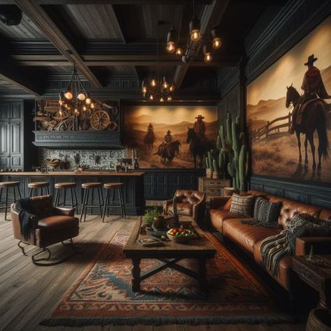 Texan Interior Design, Western Style Basement, Rustic Western Interior Design, Dark Southern Home Decor, Dark Western Interior Design, Western Lodge Decor Interior Design, Modern Cowboy Home Decor, Western Ranch Interior Design, Pendleton Interior Design