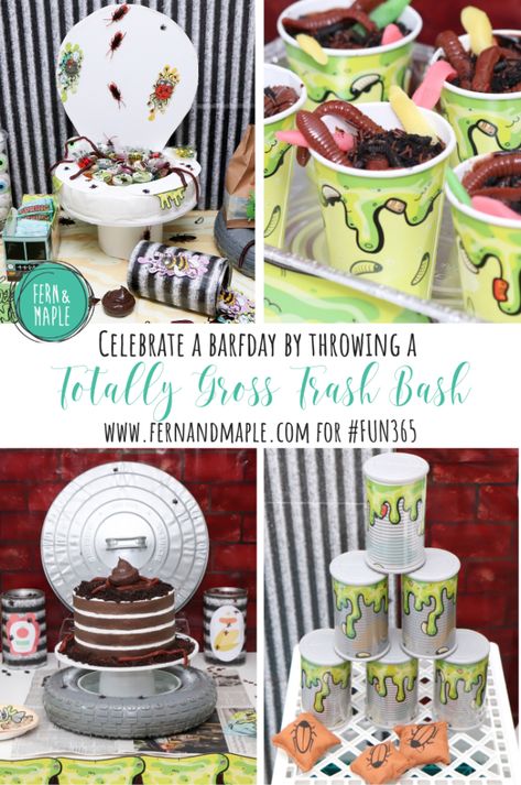 Throw a super gross trash bash barfday party for your kids, complete with a potty-inspired DIY Favor Bar, DIY rotten food cans, bugs and more! #fun365 #kidsparty #parties #fernandmapleparties #party #birthdayparty Party Food For Adults, Rotten Food, Trash Bash, Halloween Themed Food, Slime Birthday, Gross Food, Nerf Party, Bar Diy, Slime Party