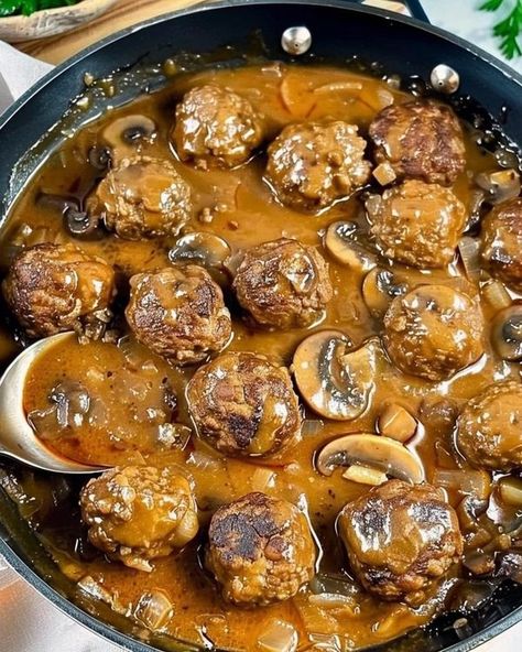 Sabrina Clements Meatballs In Mushroom Sauce, Gourmet Meatballs, Lobster Cream Sauce, Mushroom Meatballs, Ground Beef Meatballs, Canned Mushrooms, Cream Sauce Recipes, Ground Meat Recipes, Buttered Noodles