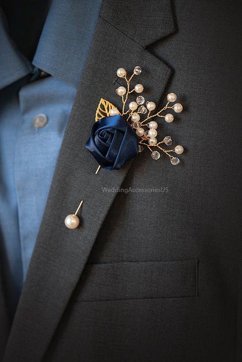 Silver Boutonniere, Gold Boutonniere, Midnight Blue Wedding, Blue Corsage, Brooch Boutonniere, Blue Boutonniere, Navy Gold Wedding, Navy Blue And Gold Wedding, Blue Gold Wedding