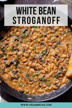 Creamy, mushroom-packed bean stroganoff is a 30-minute, one pot meal that is packed with flavor! White beans go amazingly in the easy sauce and it makes for a hearty weeknight dinner with some sourdough or bakery bread or over pasta or mashed potatoes. Frugal Vegan Meals, Vegetarian Bean Recipes, Beans Recipe Healthy, Bean Pasta Recipes, Veggie Dinners, Veggie Mains, White Bean Recipes, Beans Beans, Witchy Kitchen