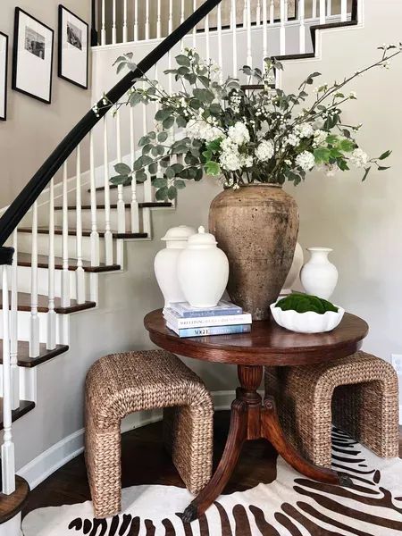 Large Round Entry Table, Foyer Table With Stools, Round Foyer Tables, Round Table By Staircase, Round Table Hallway, Entry Way Round Table Decor, Foyer Ideas Entryway Round Table, Round Entryway Ideas, Styling Round Entry Table