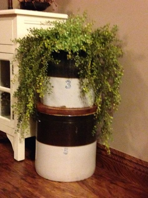 primitive,Crocks. Large Crock Decorating Ideas Spring, Primitive Crock Decor Ideas, Crock Pottery Decor, Large Crocks Decor Ideas, Large Crock Decorating Ideas Farmhouse Style, Decorate With Crocks Rustic, Displaying Old Crocks, 10 Gallon Crock Decor Ideas, Antique Crocks Decor Ideas Living Room