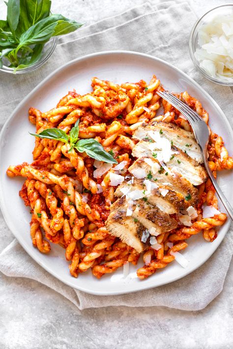 Gemelli Pasta with Roasted Red Pepper Sauce | The Cozy Apron Roasted Red Pepper Sauce Recipe, Roasted Red Pepper Pasta Sauce, Gemelli Pasta, Prosciutto Pasta, Shaved Parmesan, Chicken Breast Cutlet, Pasta Varieties, Roasted Red Pepper Sauce, Zesty Sauce