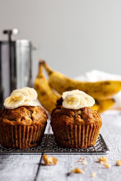 These sugar free healthy banana muffins are loaded with nuts, warming notes of cinnamon and nutmeg, and naturally sweetened with ripe banana. Banana Muffins No Sugar, Banana Nut Muffins Healthy, Easy Banana Nut Muffins, Sugar Free Banana Muffins, Banana Muffins Easy, Healthy Banana Muffins, Banana Nut Muffins, Cinnamon Nuts, Sweet Muffin