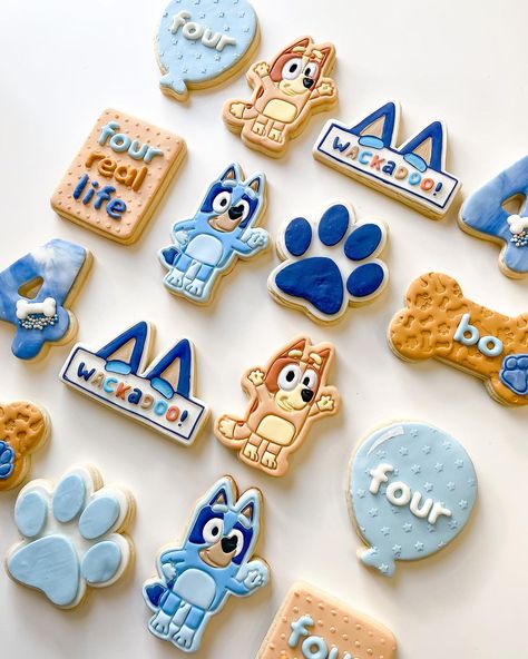 🦴 WACKADOO 🐾 Bo’s Bluey Cookies for his 4th… | Instagram Bluey Themed Desserts, Bluey Cookies Birthday, Fourth Birthday Bluey, Bluey Biscuits, Bluey Cookie, Bluey Sugar Cookie, Bluey Desserts, Bluey Decorated Sugar Cookies, Bluey Themed Cookies