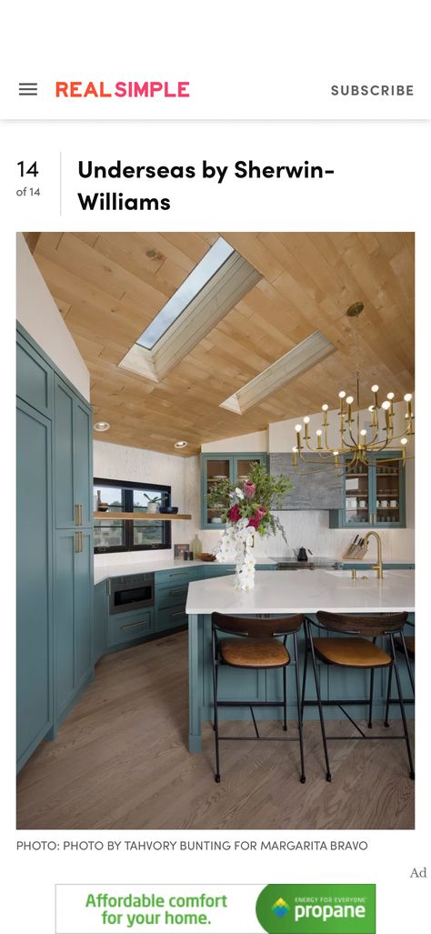 Bring some energy to the heart of your home. Designers recommend these uplifting paint colors for the kitchen. Sherwin Williams Underseas, Sherwin Williams Cabinet Paint, Colorful Backsplash, Harrison Design, Cabinet Paint, Cabinet Paint Colors, Sherwin Williams Colors, Bathroom Paint Colors, Farmhouse Kitchen Design