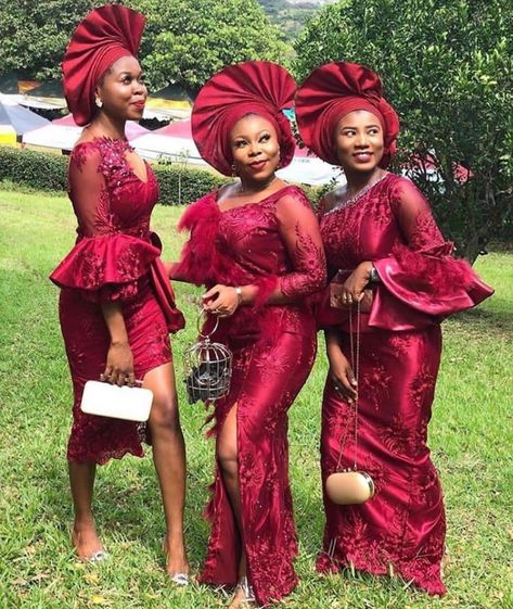 Wine Asoebi, Aso Ebi Wedding, Lace Asoebi Styles, Asoebi Lace Styles, Asoebi Lace, Nigerian Lace Dress, Gele Styles, Nigerian Party, Aso Ebi Lace