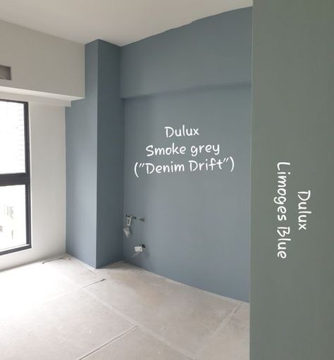 Blue Grey Feature Wall, Grey Blue Lounge, Smoky Blue Living Room Walls, Denim Blue Hallway, Stonewashed Blue Dulux Paint, Blue Grey Walls Living Room Decor, Dulux Blue Grey Paint, Dulux Dark Grey Paint Colours, Denim Drift Kitchen