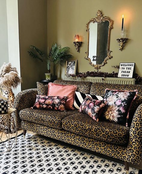 @colourfulleopard Leopard Apartment Decor, Leopard Living Room Ideas, Green And Leopard Living Room, Cheetah Aesthetic Room, Leopard Furniture Interior Design, Lepord Print Room Aesthetic, Maximalist Decor Leopard, Living Room Colour Schemes, Moody Interior Design