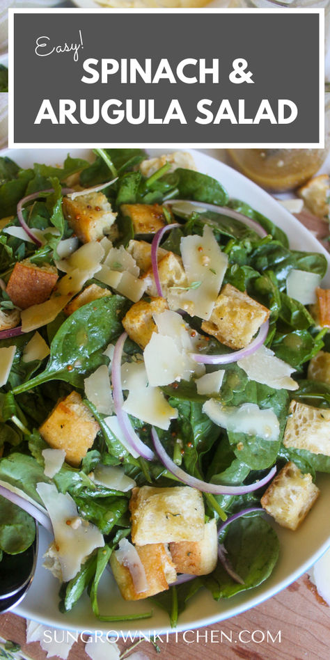 Spinach arugula salad with homemade croutons, red onions and Parmesan cheese. Basic Spinach Salad, Dressing For Spinach Salad Vinaigrette, Basic Side Salad, Recipes With Arugula, Salad Recipes Arugula, Arugula Parmesan Salad, Spinach And Arugula Salad, Arugula Salad Dressing, Baby Spinach Salad