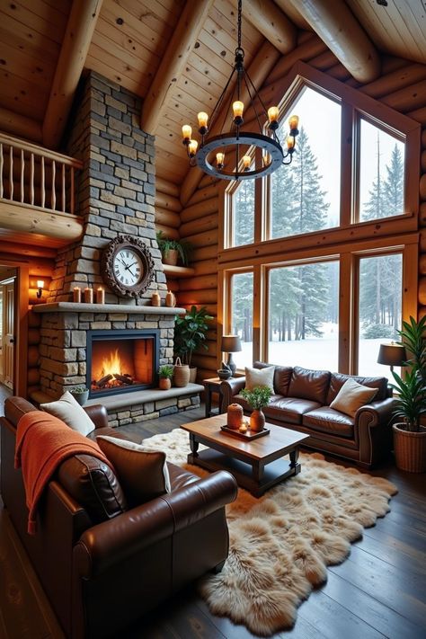 Warm rustic cabin interior with a stone fireplace. Transform chilly winter blues into warm, snug vibrance with cabins that embrace you like a hot chocolate hug, offering ideas galore for your own slice of snowy paradise. Fireplace Mountain Home, Little Cabin Interior, Rustic Lodge Living Room, Cabin Sunroom, Rustic Log Cabin Interior, Cabin Core Aesthetic, Warm White Walls, Cabin Family Room, Luxury Cabin Interior