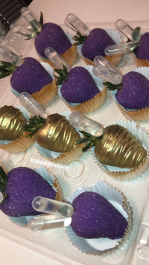 Patron Bling Strawberries Euphoria Birthday Food Ideas, Euphoria Theme Food, Purple Snacks For Party, Birthday Party Food Ideas, Purple Desserts, Purple Sweet 16, Sweet 15 Party Ideas Quinceanera, 10th Birthday Party, Sweet 16 Party Decorations