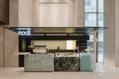 » Nodi Coffee by Office AIO Coffee Reception Design, Lobby Cafe, Office Lobby, Public Architecture, Kiosk Design, Coffee Shops Interior, Retail Design Blog, Architecture Office, Beautiful Coffee