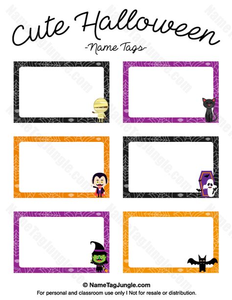 Free printable cute Halloween name tags. The template can also be used for creating items like labels and place cards. Download the PDF at http://nametagjungle.com/name-tag/cute-halloween/ October Cubby Tags Preschool, Pumpkin Name Tags Free Printable, Halloween Name Tags Printable Free, October Cubby Tags, Halloween Food Names Tags, Halloween Name Tags, Editable Name Tags Free Printable Labels, Halloween Coupons, Cubby Name Tags