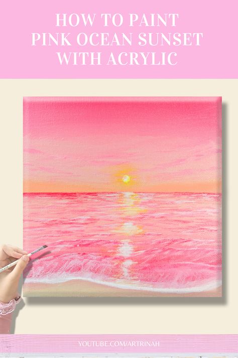 Canvas Painting Ideas Pastel Colors, Pastel Ocean Painting, Pink Sea Painting, Pink Beach Art, Pink Ocean Painting, Pink Paintings Aesthetic, Pink Beach Painting, Pink Sunset Painting Acrylic, Pastel Sunset Painting