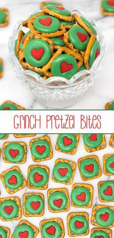 Grinch Pretzel Bites – crunchy pretzel snaps, festive green chocolate wafers, and a delightful red heart quin; a sweet and salty holiday treat that even a Grinch will love. via @SarahsBakeStudio Pretzel Snaps, Grinch Christmas Party, Holiday Snacks, Chocolate Wafers, Christmas Sweets, Christmas Snacks, Christmas Cooking, Christmas Goodies, Holiday Desserts