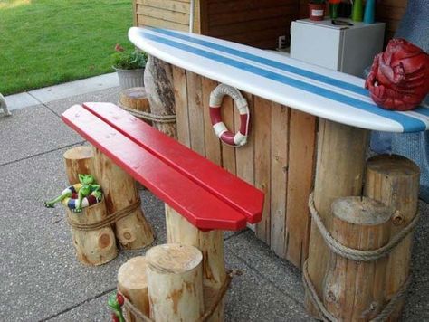 Why bring sand to the beach when you can bring the beach to you! Here are 20 creative beach-style outdoor living ideas. Diy Surfboard, Bar En Plein Air, Diy Outdoor Bar, Deco Marine, Tiki Bars, Beach Patio, Bar Exterior, Look Wallpaper, Backyard Beach