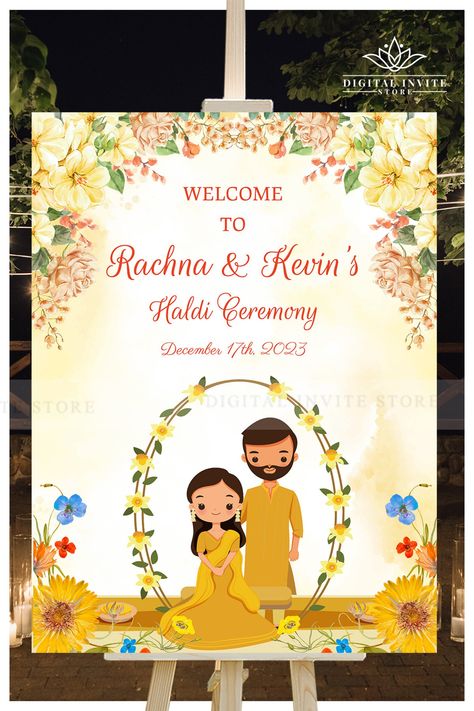 Buy Haldi Welcome Signages as Haldi Signs Haldi Ceremony Signs & Online in India - Etsy Haldi Banner, Indian Haldi Decor, Unique Wedding Signs, Ladies Sangeet, Haldi Decor, Rangoli Designs Simple Diwali, Royal Indian, Indian Couple, Ceremony Signs