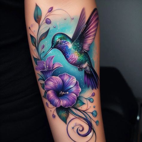 I will design your next watercolor tattoo Infinity Tattoo With Hummingbird, Humming Bird Shoulder Tattoos For Women, Hummingbird And Orchid Tattoo, Purple Hummingbird Tattoo, Humming Bird Tattoo For Women, Tattoo Ideas Placement, Watercolor Hummingbird Tattoo, Dainty Hummingbird Tattoo, Bright Colorful Tattoos