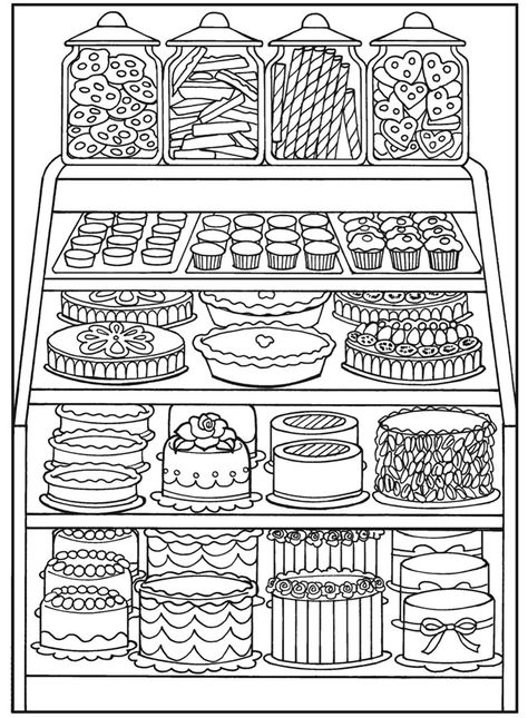 Pastries Cakes Sweets  | Adult Art Coloring Page A Coloring Page, Food Coloring Pages, Dover Publications, Adult Colouring Pages, Cakes And Cupcakes, Coloring Book Art, Cute Coloring Pages, Free Printable Coloring, Free Printable Coloring Pages