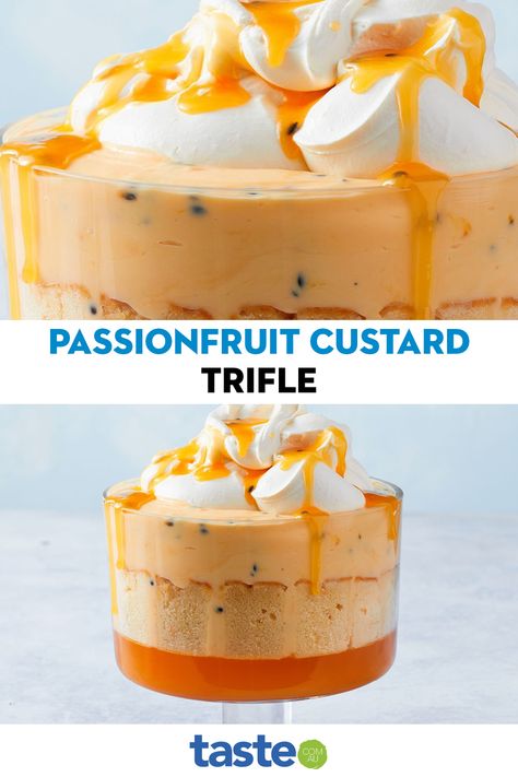 All the things you love about passionfruit custard slice, just in trifle form! With layers of lip-smacking passionfruit jelly, tender cake, creamy passionfruit custard and clouds of whipped cream drizzled with more luscious passionfruit, just a few store-bought ingredients are transformed into THE dessert of summer. Passion Fruit Trifle, Trifle Custard Recipe, Passionfruit Dessert, Fruit Custard, Fruit Trifle, Coconut Slice, Trifle Bowl, Vanilla Custard, Trifle Recipe