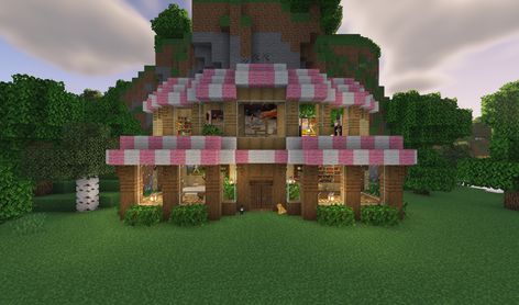 Minecraft: How to Build a Cat Cafe Tutorial Cute Minecraft Cat House, Cute Shop Minecraft, Cat Shaped House Minecraft, Cat House Minecraft Ideas, Cat Cafe Minecraft Ideas, Mincraft Idea Cat House, Cat Cafe Minecraft Build, Minecraft Cottagecore Restaurant, Cute Minecraft Bakery