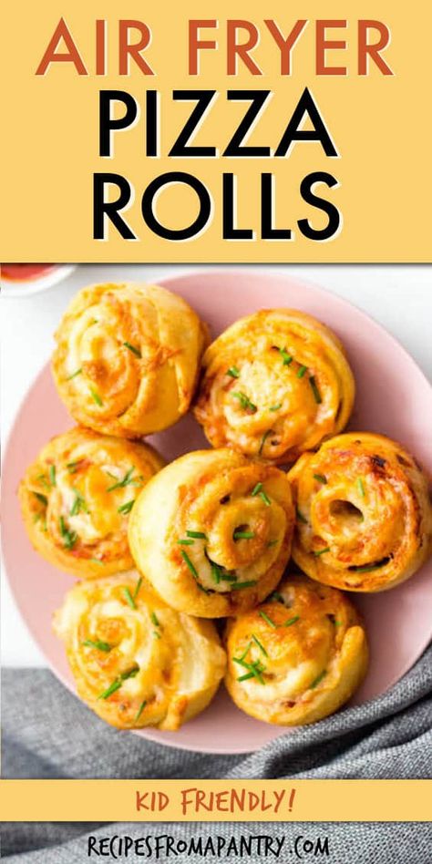 These easy to make air fryer pizza rolls are the perfect way to satisfy those pizza cravings! Serve them up as a kid-friendly snack, as a game day party appetizer, or pair with a salad for a complete meal. Making pizza rolls in the air fryer is healthier than the store-bought or deep-fried versions. Easily customizable to suit your taste. You'll love this recipe for air fryer pizza rolls! Oven instructions also included. #pizzarolls #airfryerpizzarolls #airfryer #airfryerrecipes #pizza #snacks Air Fryer Pizza Rolls, Fried Pizza, Mini Pizza Bites, Recipe For Air Fryer, Air Fryer Pizza, Pizza Roll Recipe, Pizza Roll Up, Kid Foods, Kid Meals