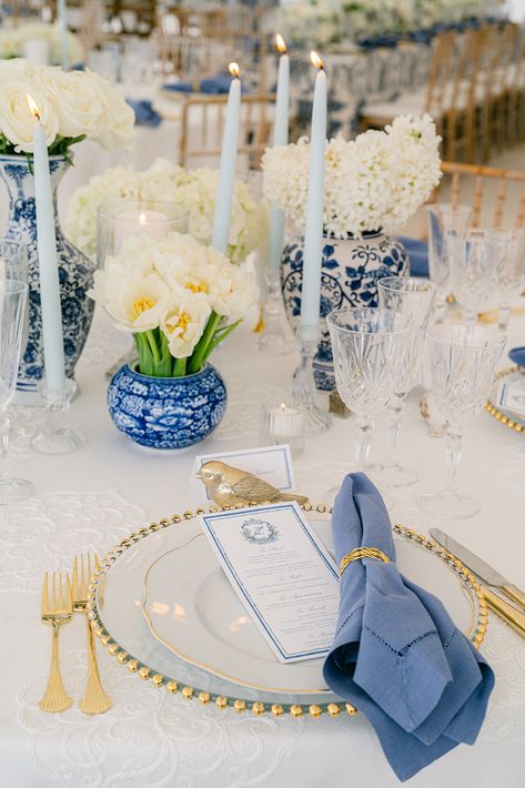 Chinoiserie Wedding Centerpiece - Eastern Shore Wedding - Blue Wedding Ideas Chinoiserie Wedding Table Settings, Unique Round Table Centerpieces, Blue And White Wedding Theme Decor, Blue Chinoiserie Wedding, Chinoiserie Wedding Centerpieces, Blue And White Wedding Place Setting, Blue And White Italian Wedding, Blue And White Wedding Table Settings, Blue And White Toile Wedding