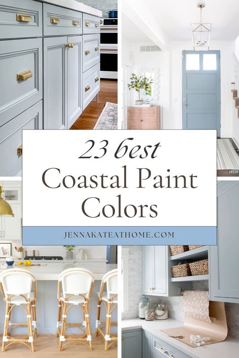 These coastal paint colors are perfect for your living room, bedroom, or bathroom. With popular shades from Sherwin Williams and Benjamin Moore, this coastal paint palette includes soft blue gray shades and the best coastal paint colors. Great paint colors for a coastal home to bring a fresh, calm look with coastal paint. Best Coastal Paint Colors, Coastal Blue Bedroom, Hamptons Style Bedrooms, Coastal Paint Palette, Bathroom Colors Blue, Blue Bedroom Paint, Coastal Color Palettes, Modern Coastal Kitchen, Sherwin Williams Blue