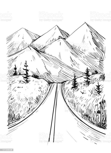 Firewood Drawing, Ridge Drawing Ideas, Road Tattoo Design, Roadtrip Drawing, Ridge Drawing, Highway Tattoo, Road Tattoo, Road Drawing, Masculine Tattoos