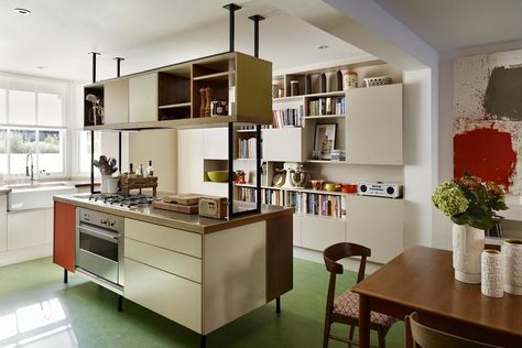 The kitchen, with green marmoleum flooring. Marmoleum Floors Kitchen, Marmoleum Floors, Kitchen Details, Beautiful Houses Interior, Mid Century Modern Kitchen, Green Flooring, Orla Kiely, Kitchen Floor, Trendy Kitchen